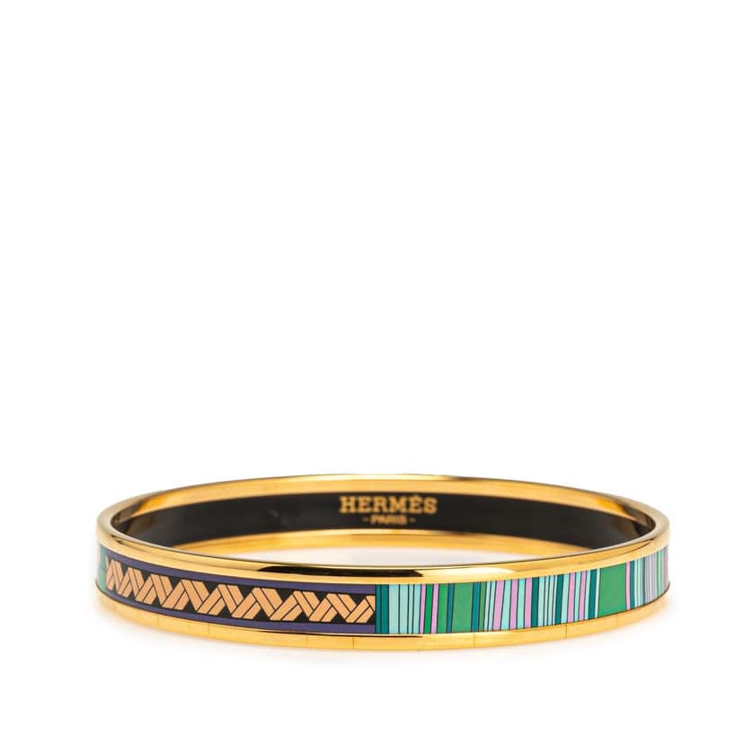 Hermès Narrow Stripes and Pattern Enamel Bangle 65 Gold Good condition - Front View