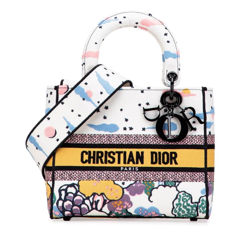 Dior Medium Canvas Embroidered Ciel De Reve Lady D Lite White Canvas Good condition - Front View