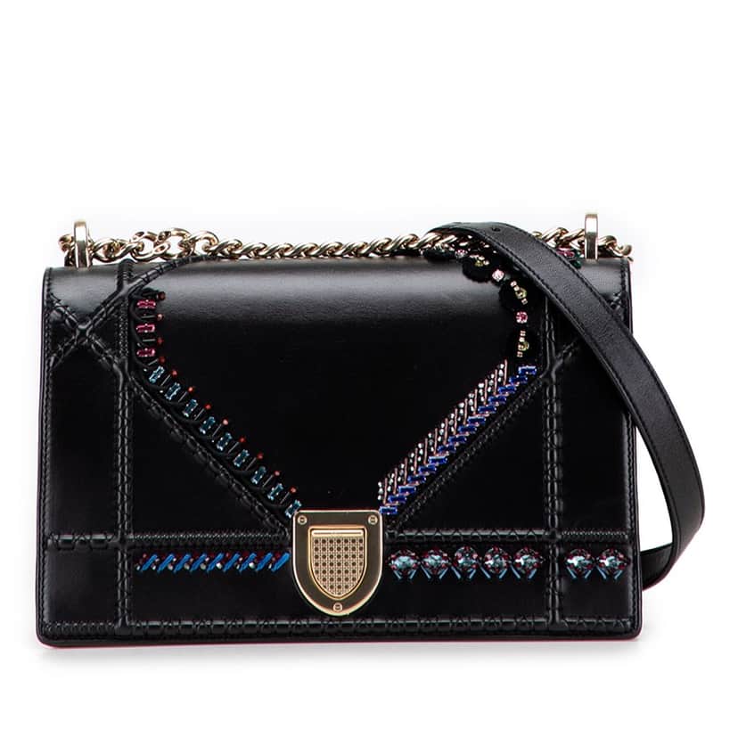 Dior Medium Calfskin Crystal Embroidered Diorama Flap Black Leather Good condition - Front View