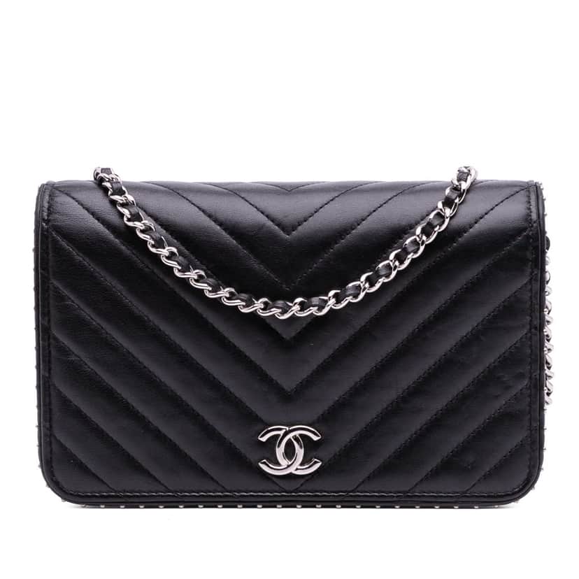 Chanel Chevron Lambskin Studded Wallet On Chain Black Leather Good condition - Front View