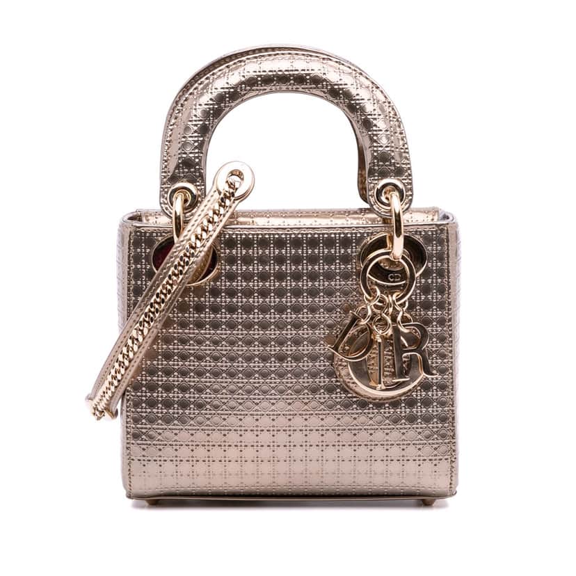 Dior Mini Metallic Patent Microcannage Lady Dior Gold Leather Good condition - Front View