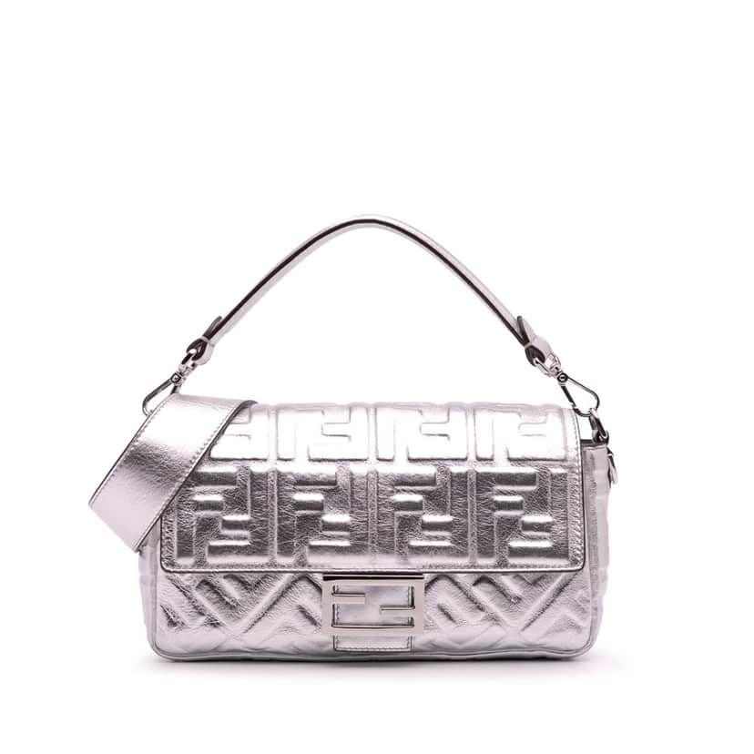 Fendi Zucca Embossed Leather Baguette Satchel Silver Leather Good condition - Front View