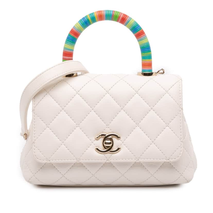 Chanel Extra Mini Quilted Goatskin Rainbow Top Handle Flap White Leather Good condition - Front View
