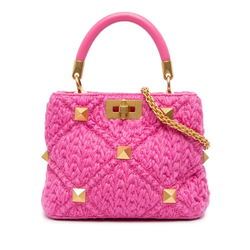 Valentino Small Woven Wool Roman Stud The Handle Bag Pink Wool Good condition - Front View