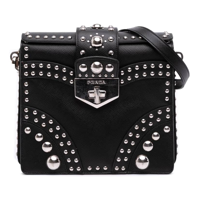 Prada Saffiano Studded Turn Lock Top Handle Bag Black Leather Good condition - Front View