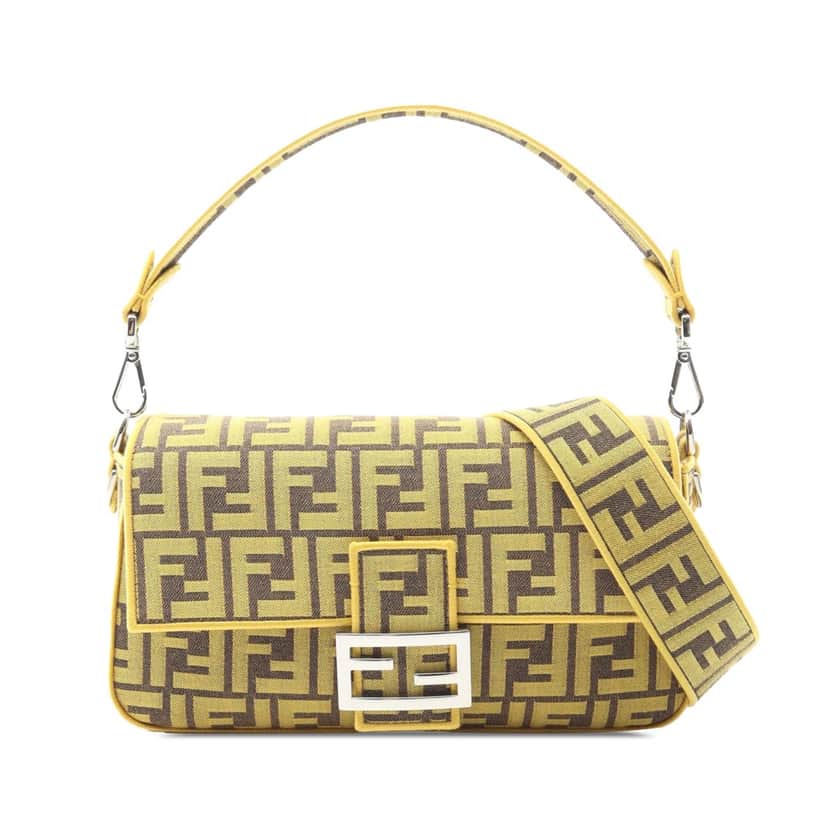 Fendi FRGMT Zucca Embroidered Canvas Baguette Satchel Yellow Canvas Good condition - Front View