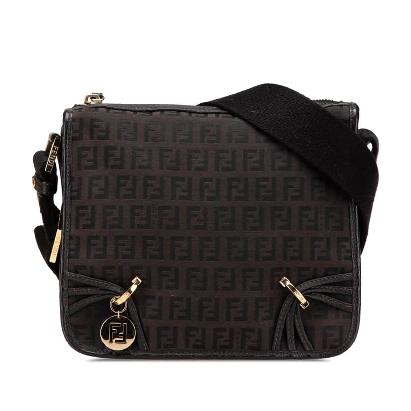 Fendi Small Zucchino Canvas F Charm Crossbody Brown Canvas Good condition - Front View