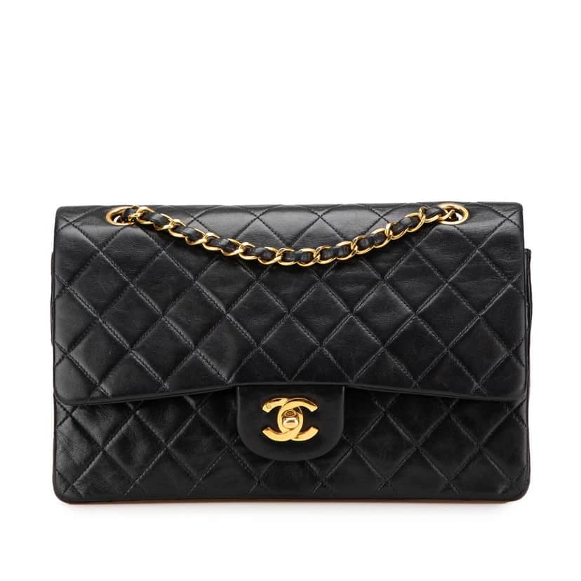 Chanel Medium Classic Lambskin Double Flap Black Leather Good condition - Front View