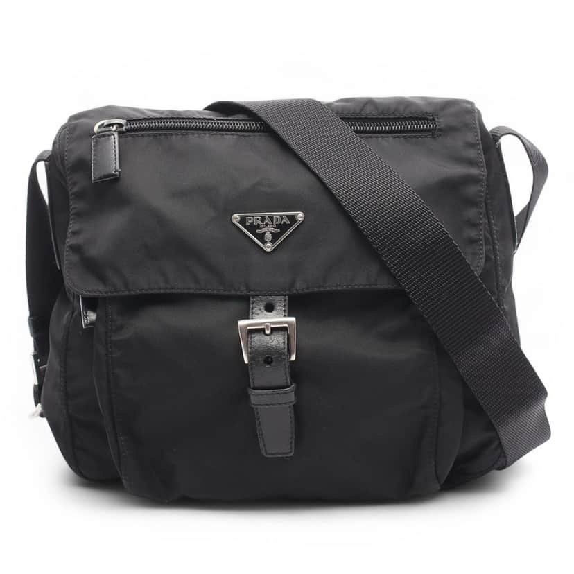 Prada Tessuto Zip Buckle Messenger Bag Black Good condition - Front View
