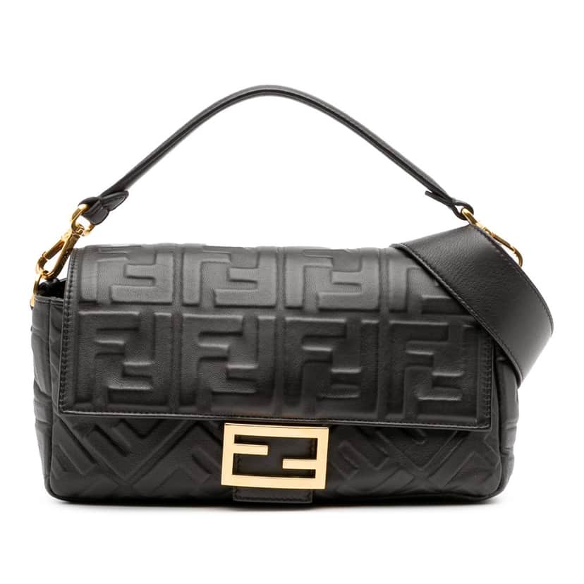 Fendi Zucca Embossed Leather Baguette Satchel Black Leather Good condition - Front View