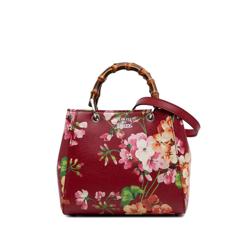 Gucci Mini Calfskin Blooms Bamboo Shopper Satchel Red Leather Good condition - Front View
