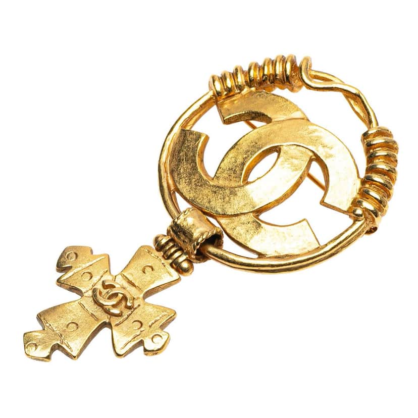 Chanel CC Gold Plated Cross Dangle Brooch Gold Metal Good condition - Front View