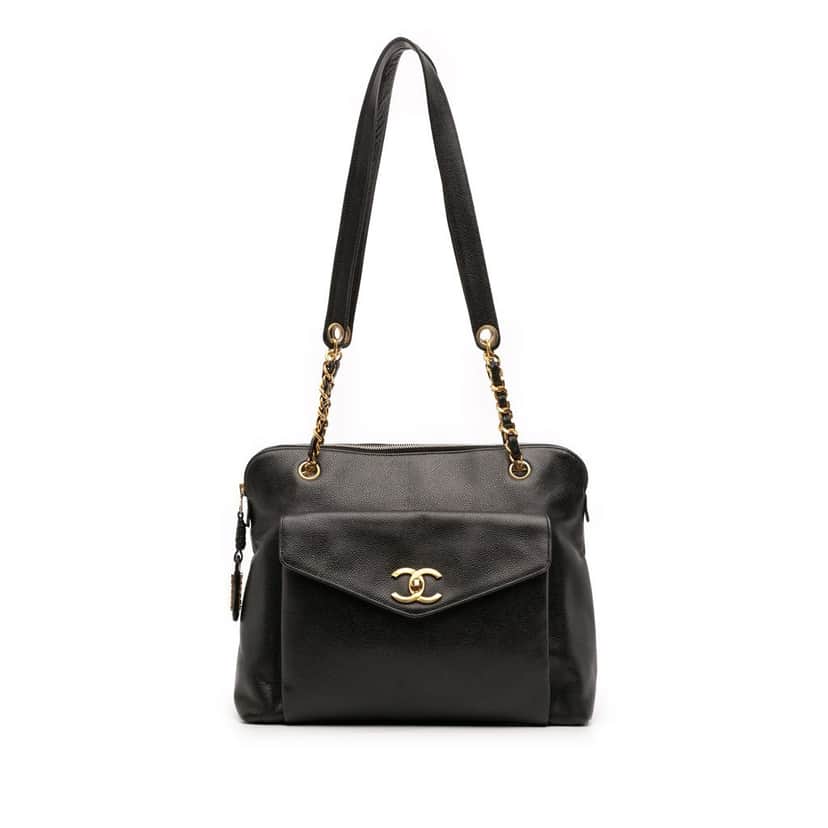 Chanel Caviar Front Pocket Chain Tote Black Leather Good condition - Front View
