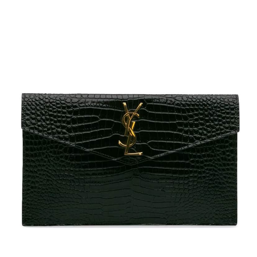 Saint Laurent Croc Embossed Leather Uptown Pouch Green Leather Good condition - Front View