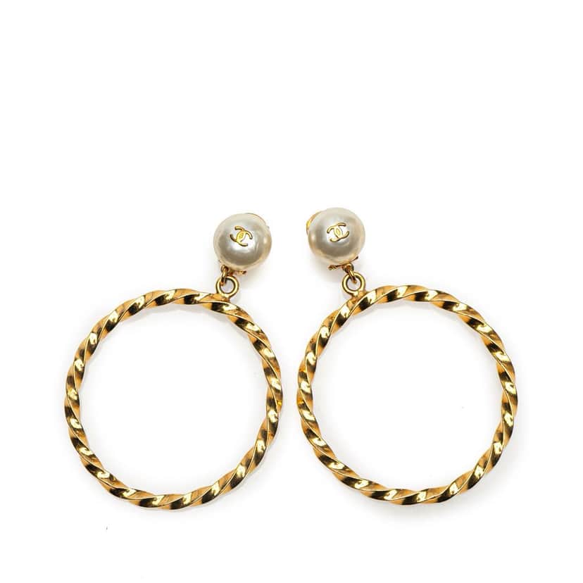 Chanel CC Gold Plated Big Hoop Pearl Clip On Earrings Gold Metal Good condition - Front View