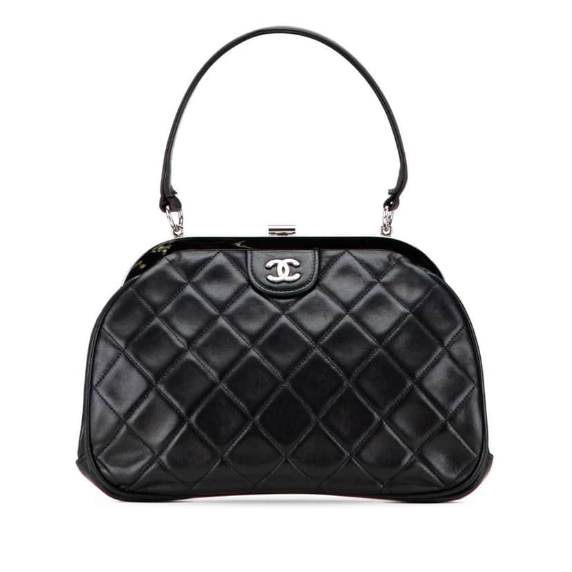 Chanel CC Quilted Lambskin Kiss Lock Frame Top Handle Bag Black Leather Good condition - Front View