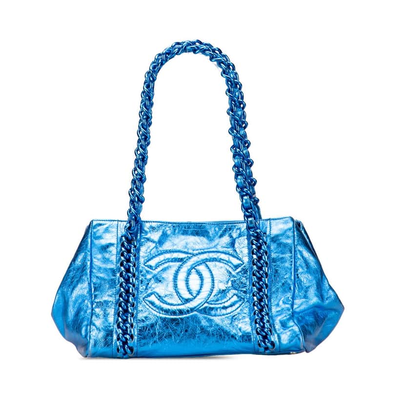 Chanel Medium Cracked Metallic Calfskin Modern Chain Tote Blue Leather Good condition - Front View