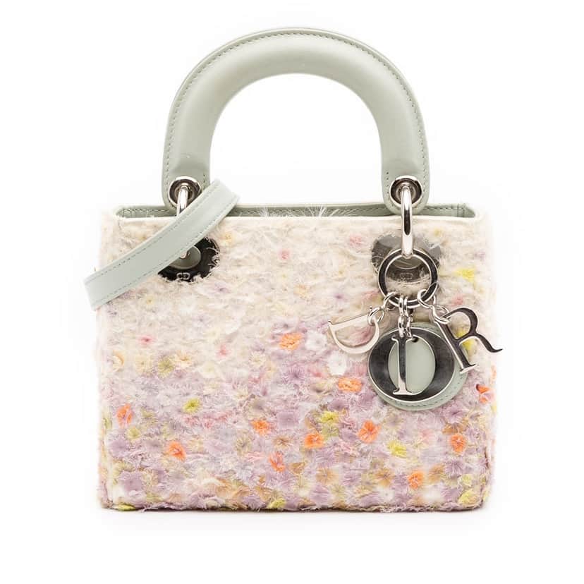 Dior Mini Ruffled Floral Fabric Embellished Lambskin Lady Dior Pink Polyester Good condition - Front View