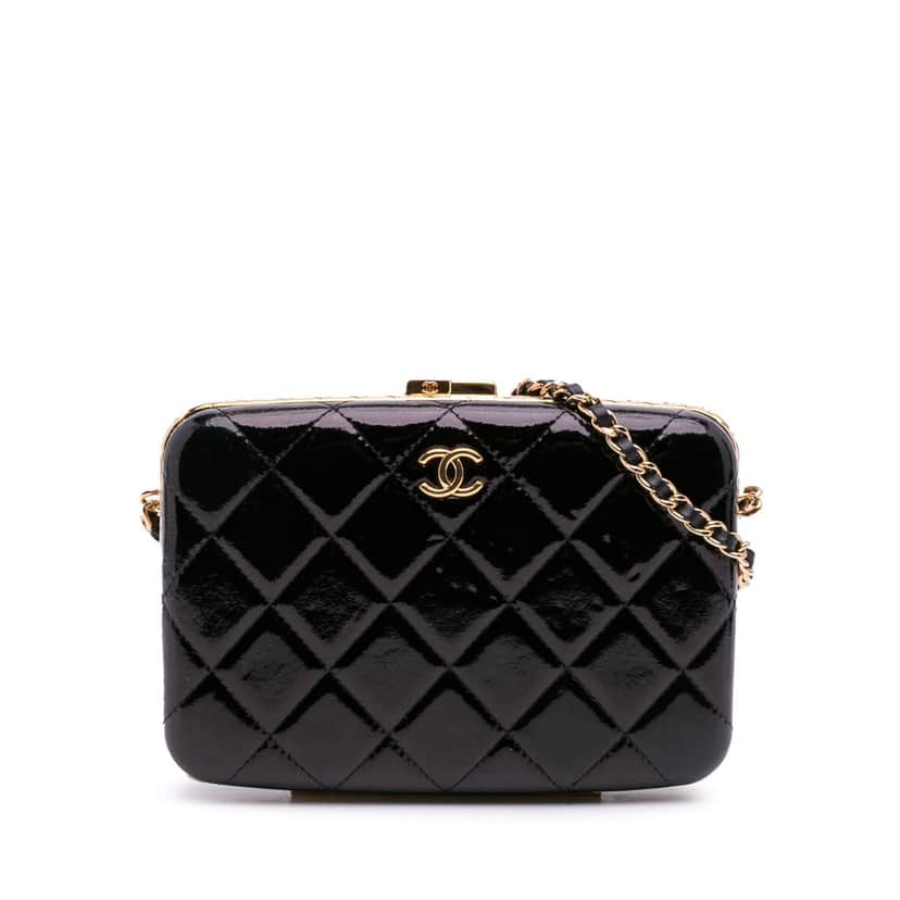 Chanel Large Glazed Goatskin Box With Chain Black Leather Good condition - Front View