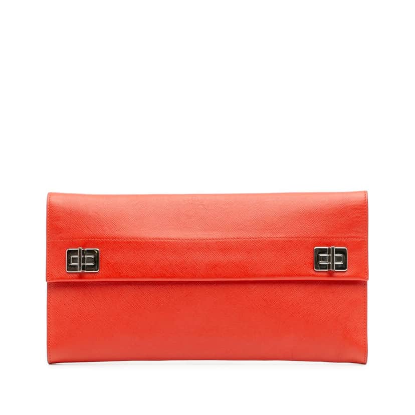 Prada Saffiano Flap Clutch Red Leather Good condition - Front View