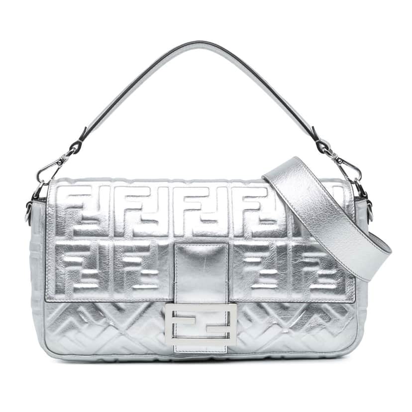 Fendi Large Zucca Embossed Baguette Satchel Silver Leather Good condition - Front View