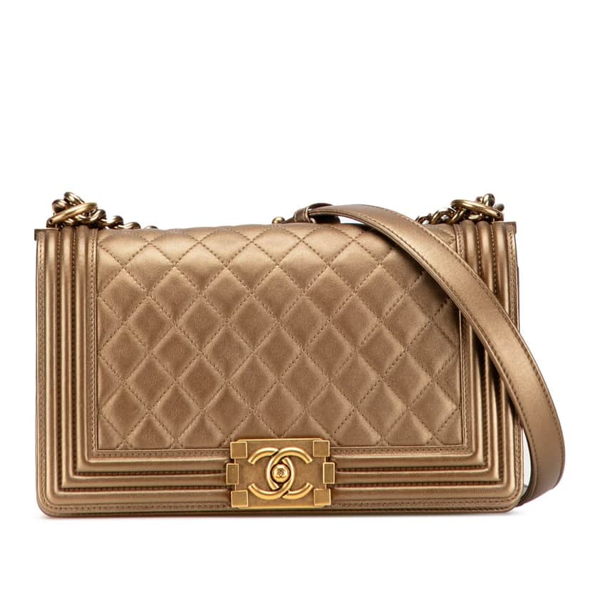 Chanel Old Medium Quilted Metallic Lambskin Boy Flap Brown Leather Good condition - Front View