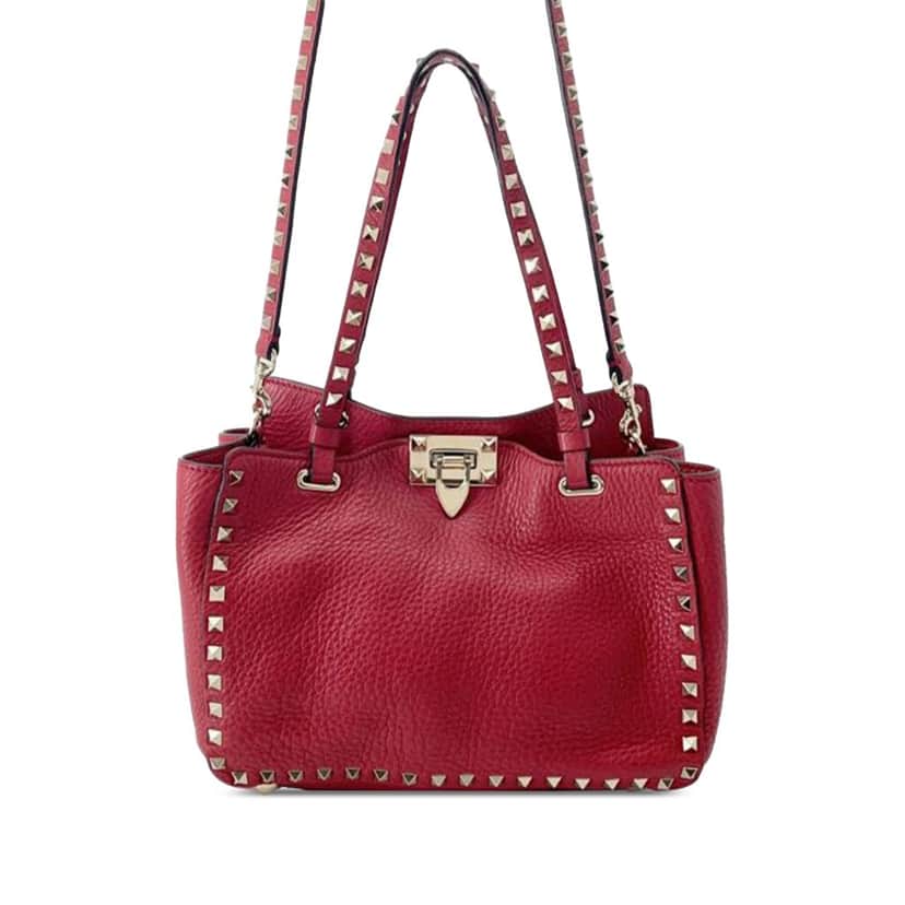 Valentino Small Leather Rockstud Trapeze Satchel Red Leather Good condition - Front View