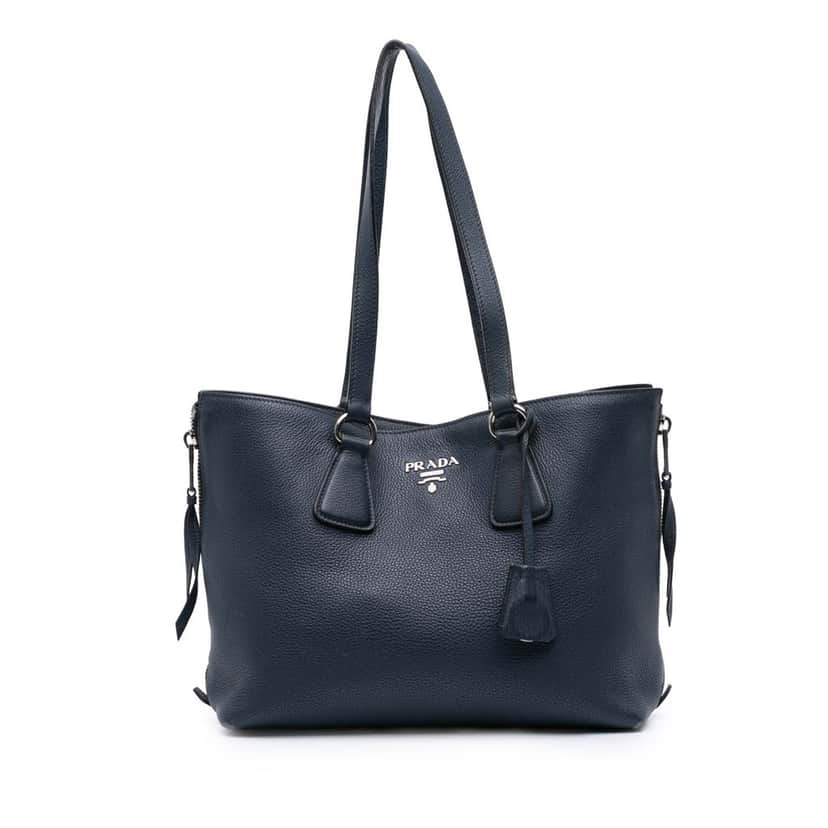 Prada Vitello Phenix Side Zip Shopper Tote Blue Leather Good condition - Front View