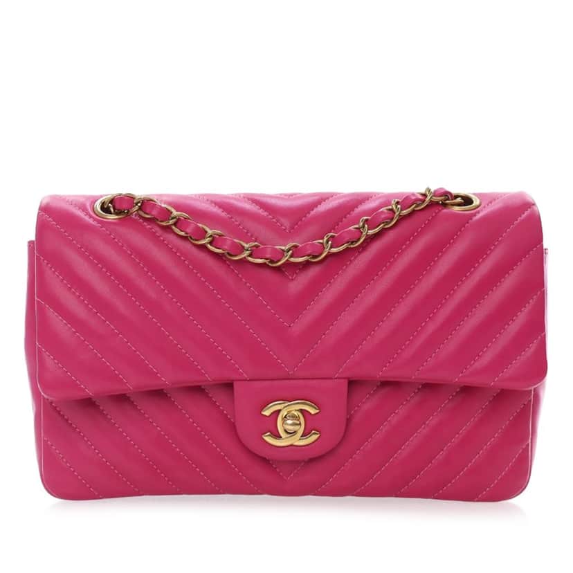 Chanel Medium Classic Chevron Lambskin Double Flap Pink Leather Good condition - Front View