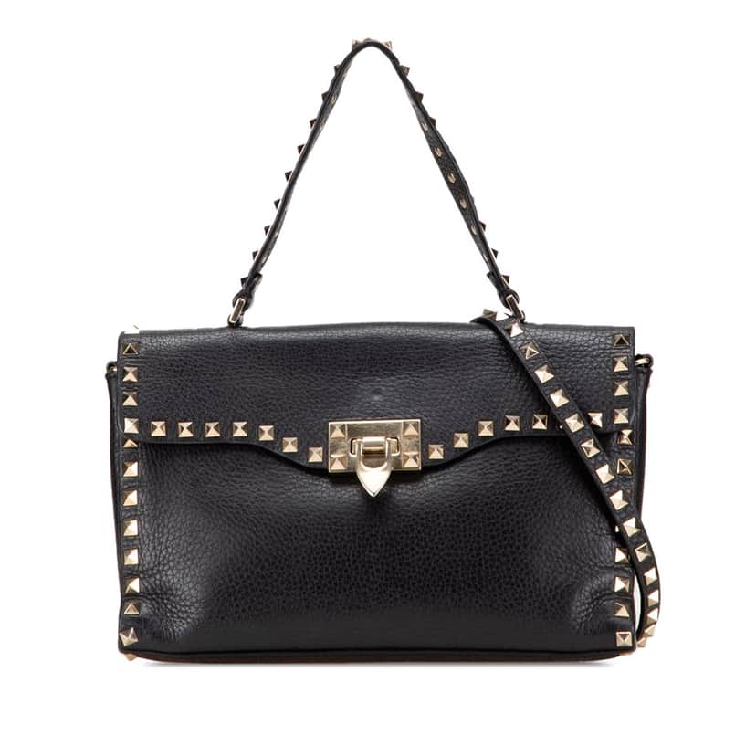 Valentino Small Pebbled Calfskin Rockstud Single Handle Flap Black Leather Good condition - Front View