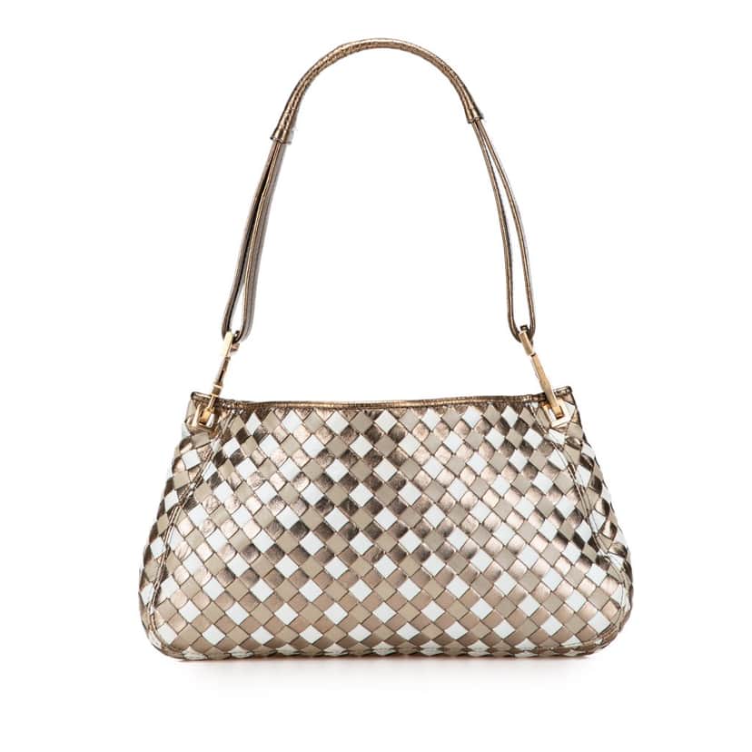 Bottega Veneta Small Metallic Leather Intrecciato Shoulder Bag Brown Leather Good condition - Front View
