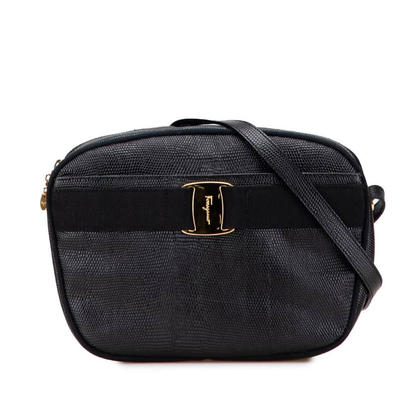 Salvatore Ferragamo Embossed Lizard Leather Vara Crossbody Black Leather Good condition - Front View