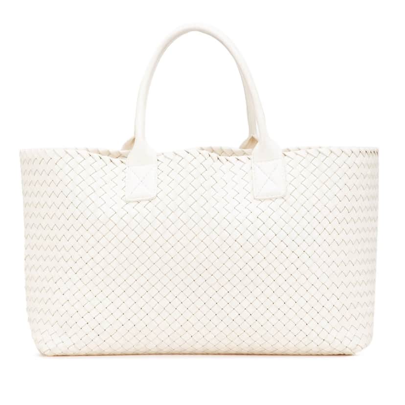 Bottega Veneta Medium Lambskin Intreccio Cabat Tote White Leather Good condition - Front View
