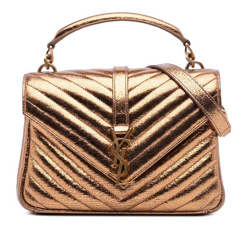 Saint Laurent Medium Metallic Calfskin Chevron Monogram College Bag Brown Leather Good condition - Front View