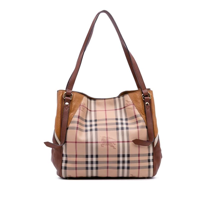 Burberry Small Leather Trimmed Haymarket Check Coated Canvas Canterbury Tote Brown Canvas Good condition - Front View