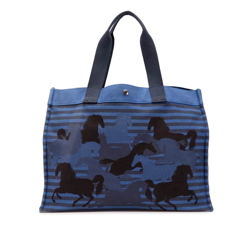 Hermès Toile Chevaux En Camouflage Beach Tote Blue Canvas Good condition - Front View