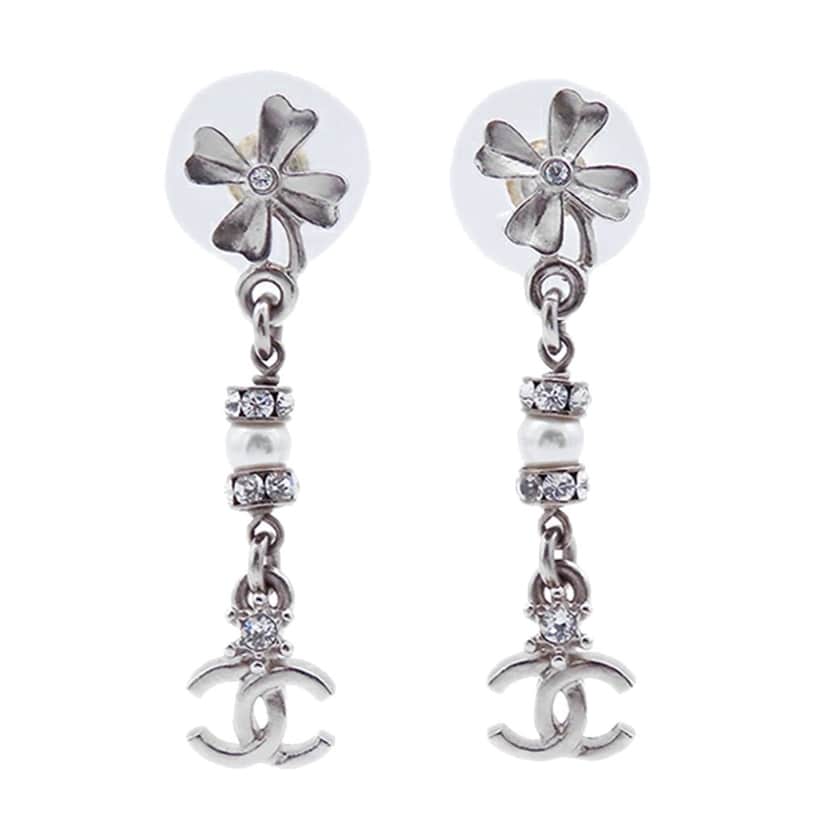 Chanel Silver Plated CC Flower Rhinestones and Faux Pearl Drop Push Back Earrings Silver Metal Good condition - Front View