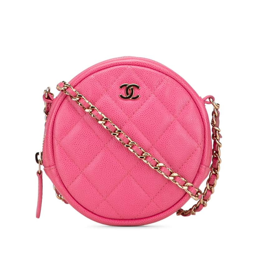 Chanel CC Quilted Caviar Round Clutch With Chain Pink Leather Good condition - Front View