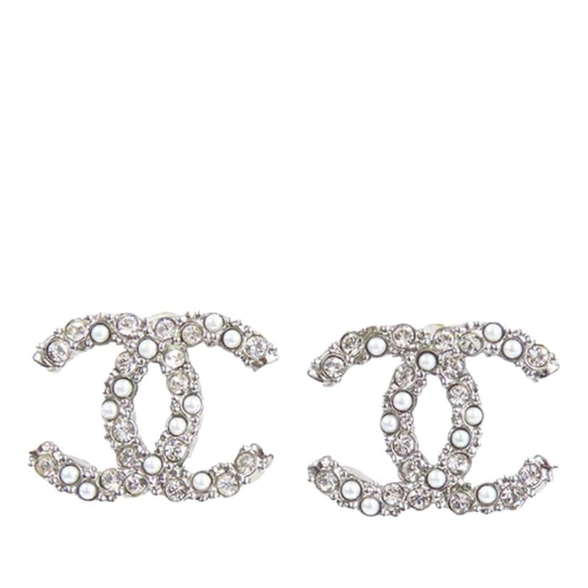 Chanel Silver Plated CC Rhinestones and Pearl Push Back Earrings Silver Silver Good condition - Front View