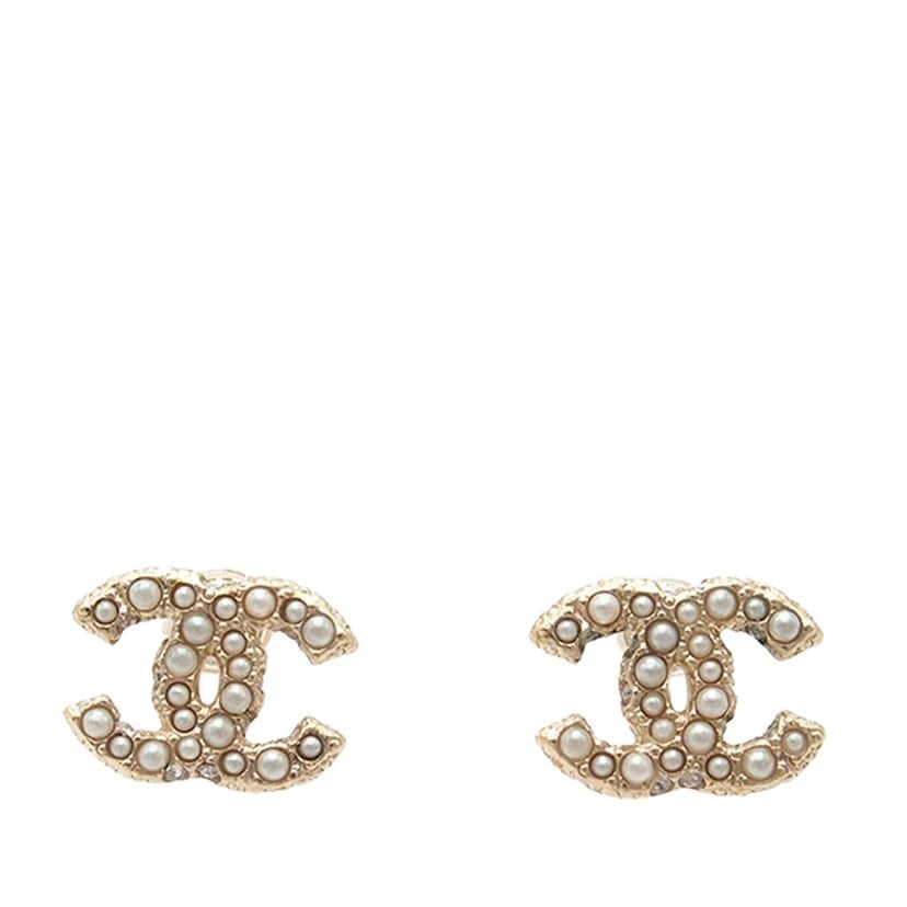 Chanel CC Gold Plated Faux Pearl Earrings Gold Metal Good condition - Front View