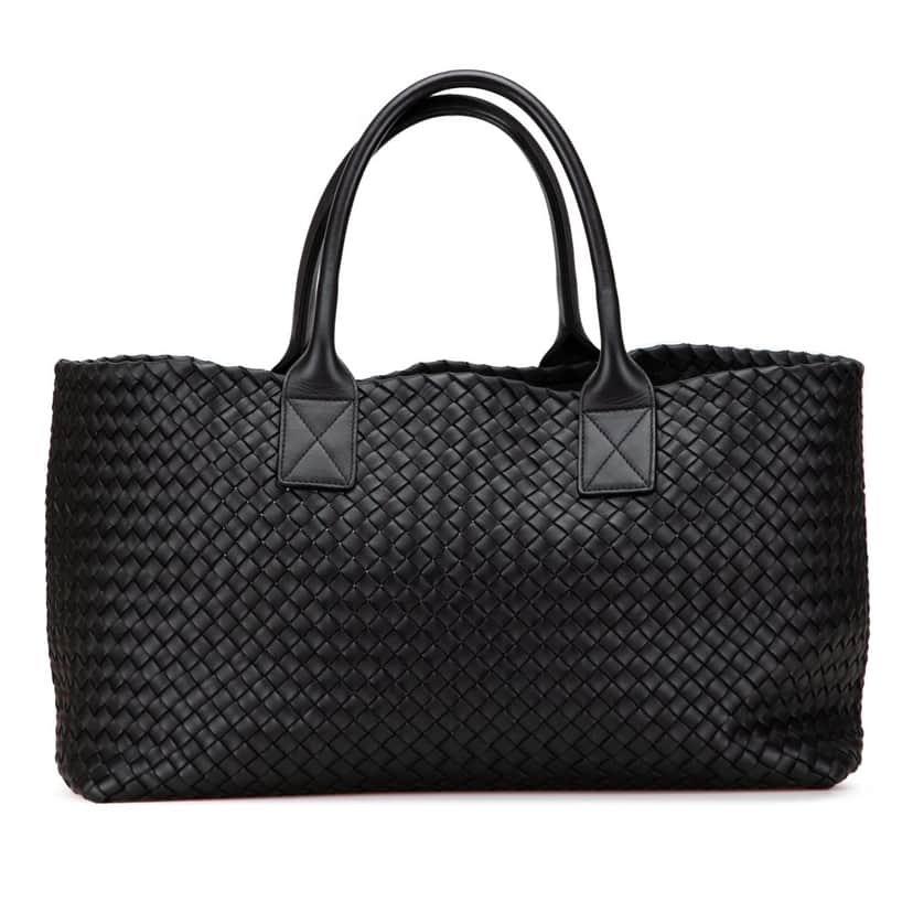 Bottega Veneta Medium Lambskin Intreccio Cabat Tote Black Leather Good condition - Front View