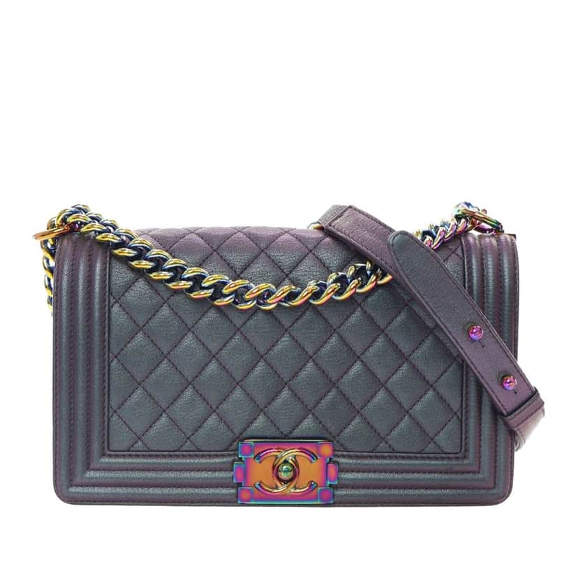 Chanel Old Medium Quilted Iridescent Goatskin Boy Flap Purple Leather Good condition - Front View
