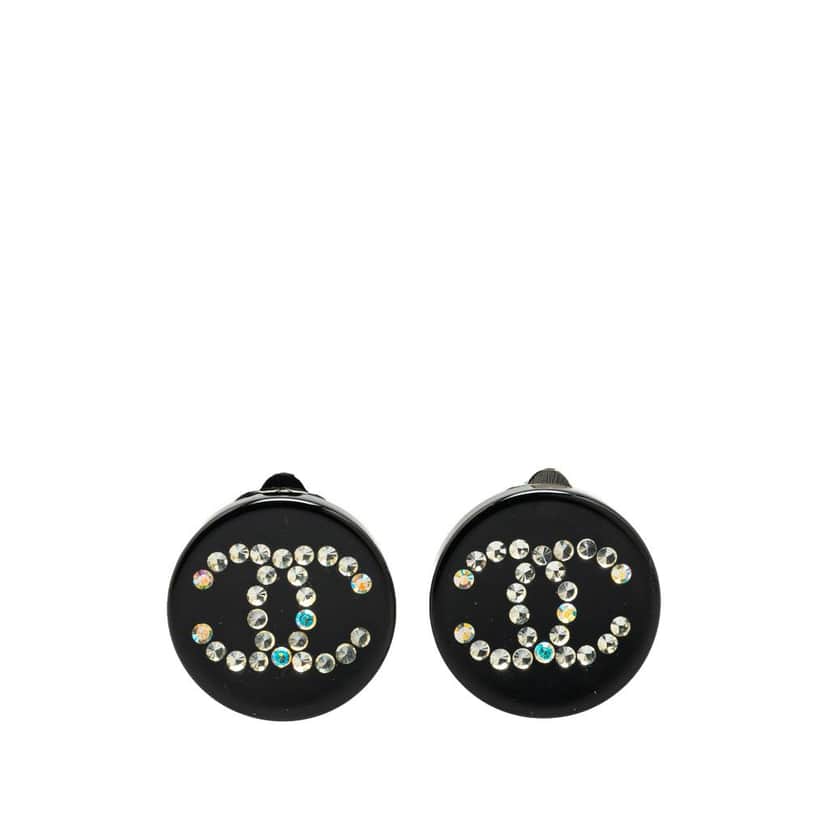 Chanel Resin Rhinestone CC Clip On Earrings Black Good condition - Front View