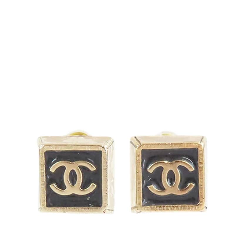 Chanel Gold Plated Enamel CC Square Stud Earrings Gold Metal Good condition - Front View