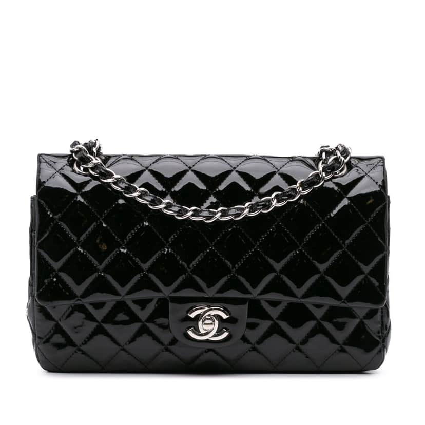 Chanel Medium Classic Patent Double Flap Black Leather Good condition - Front View