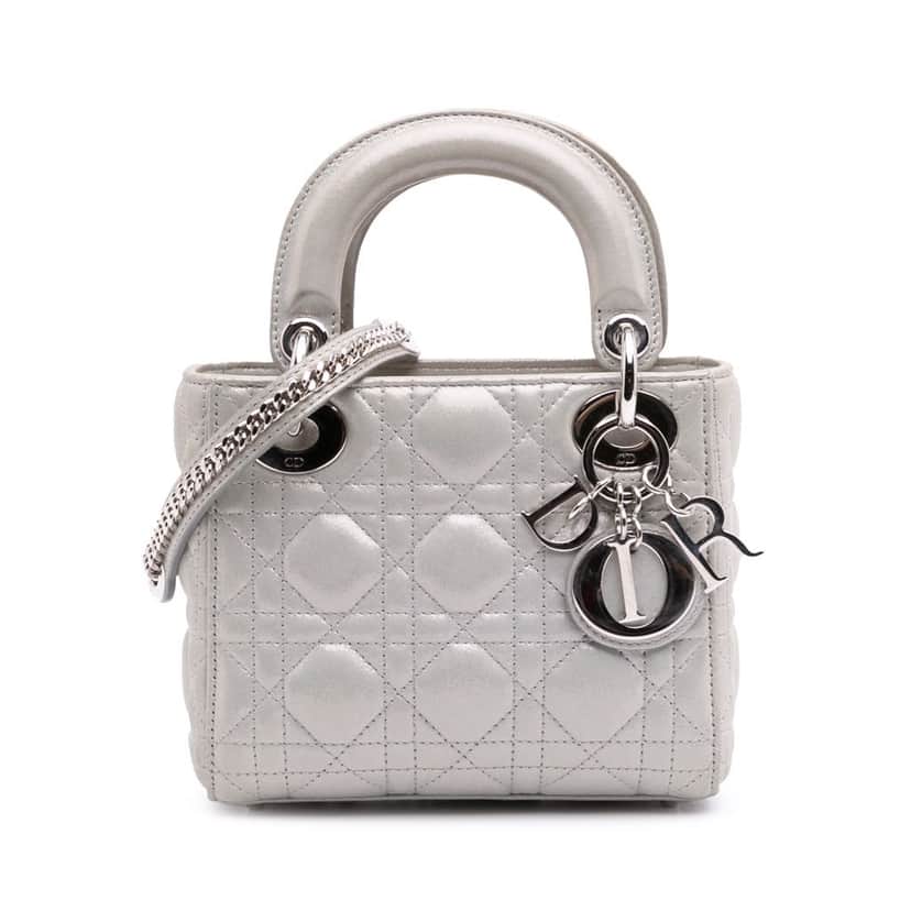 Dior Mini Iridescent Lambskin Cannage Lady Dior Silver Leather Good condition - Front View