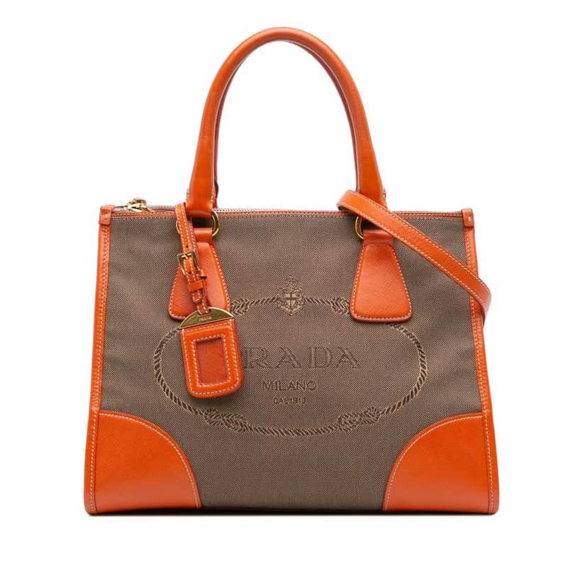 Prada Saffiano Trimmed Canvas Canapa Logo Double Zip Satchel Brown Canvas Very good condition - Front View
