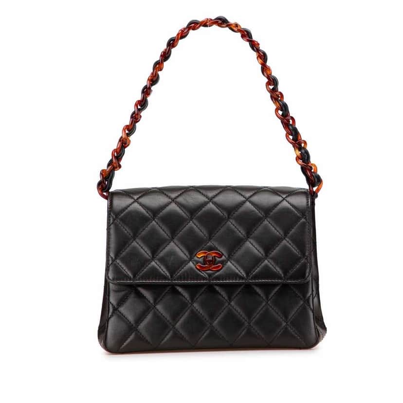 Chanel CC Quilted Lambskin Tortoise Chain Flap Black Leather Good condition - Front View