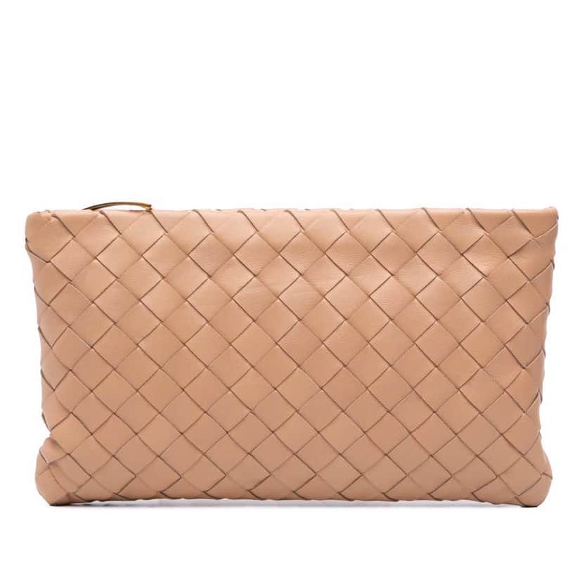 Bottega Veneta Small Nappa Intrecciato Zip Pouch Brown Leather Good condition - Front View
