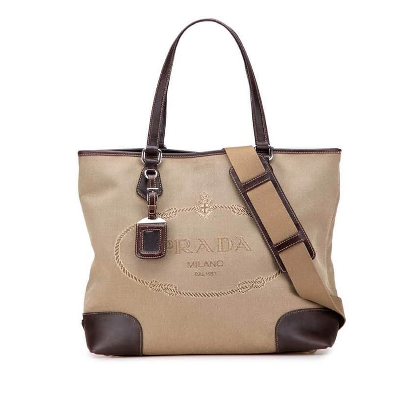 Prada Leather Trimmed Canvas Canapa Logo Satchel Brown Canvas Good condition - Front View